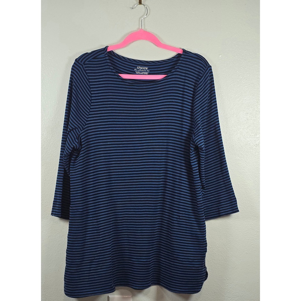 Chicos The Ultimate Tee Size 2 L Blue Black Striped Supima Cotton Tunic Pockets